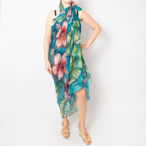 Hand Painted Blue Silk Scarf Hibiscus Tropical Print Wife Mom Gift Resort Wear 84X53