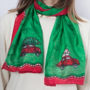 Christmas Hand Painted Green Silk Scarf Car Print Gifts Xmas Gift 53X13