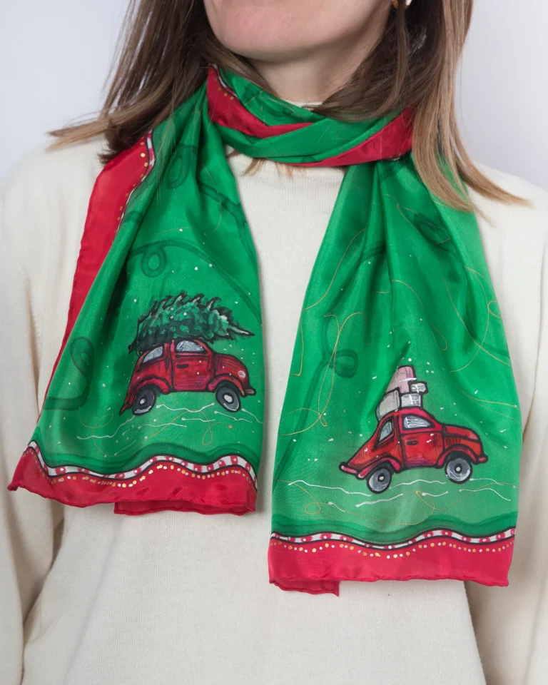 Christmas Hand Painted Green Silk Scarf Car Print Gifts Xmas Gift 53X13