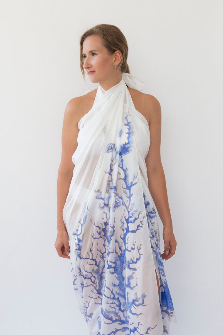 Coral Reef Hand Painted Blue White Large Sarong Beach Cover Up Beach Wedding Gift 54X76