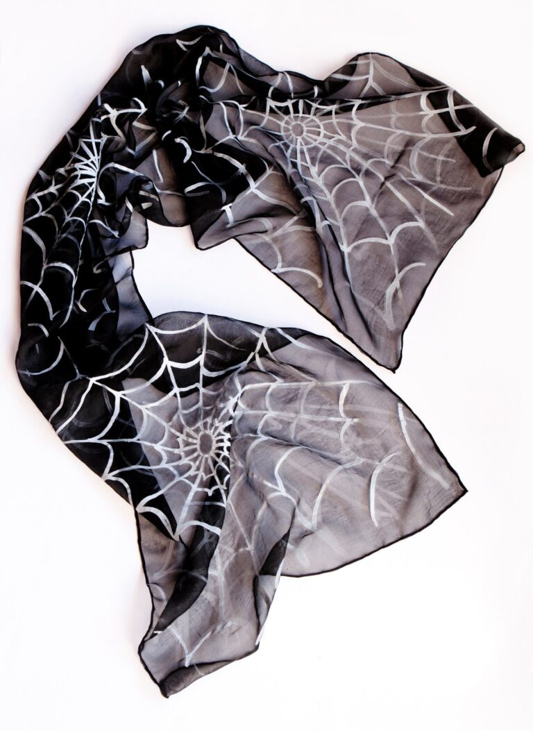 Spider Web Gothic Hand Painted Black Chiffon Silk Scarf Spider Gift 53X13