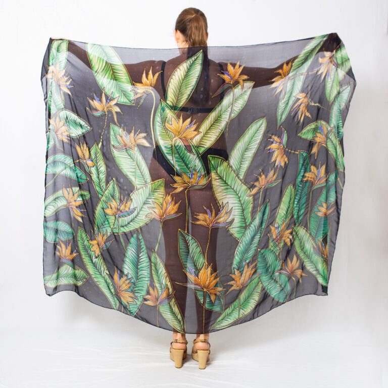 Floral Black Silk Chiffon Sarong Hand Painted Shawl Bird Of Paradise Strelitzia Gift 75X54