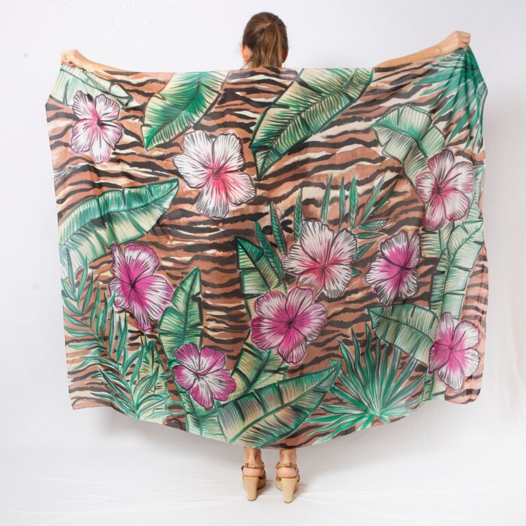 Tiger Hand Painted Brown Silk Cotton Sarong Palm Banana Leaf Christmas Gift 75X54