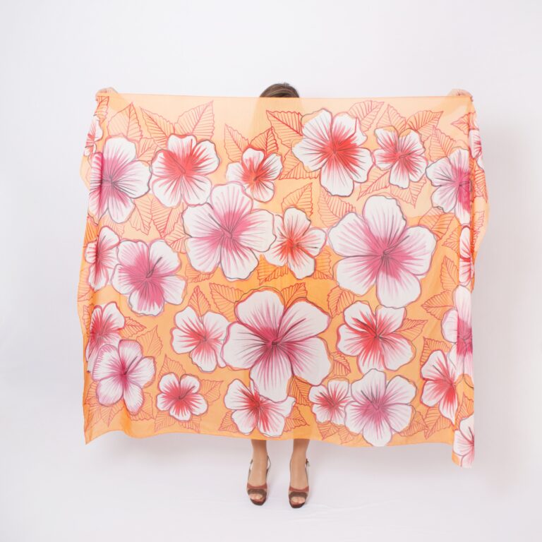 Hibiscus Hand Painted Silk Cotton Sarong Summer Scarf Hawaii Gift 54X74