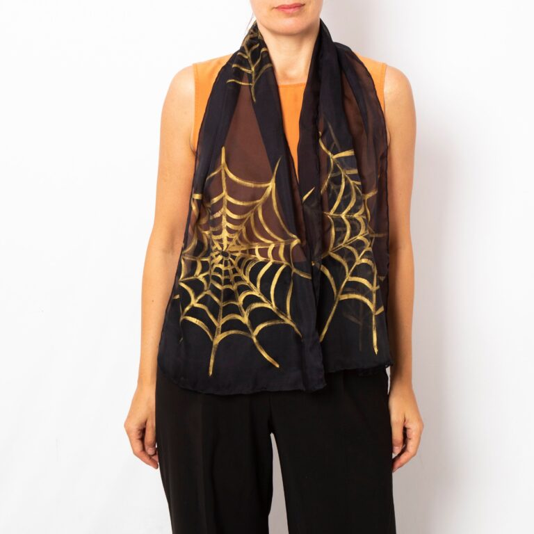 Spider Web Gothic Hand Painted Black Gold Silk Chiffon Scarf Halloween Gift 53X13
