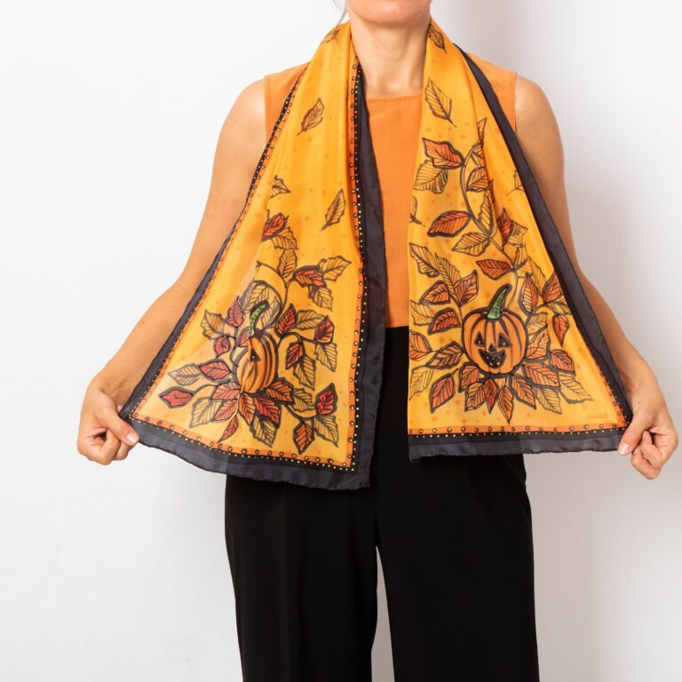 Halloween Hand Painted Orange Silk Scarf Spider Web Pumpkin  Gifts 51X13
