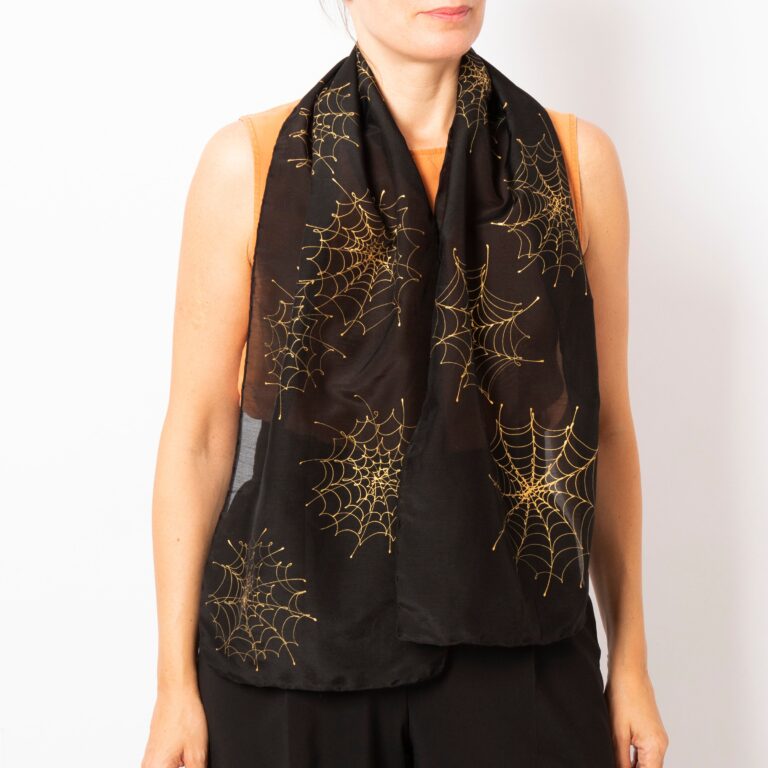 Spider Web Gothic Hand Painted Black Silk Scarf Halloween Spider Gift 55X11
