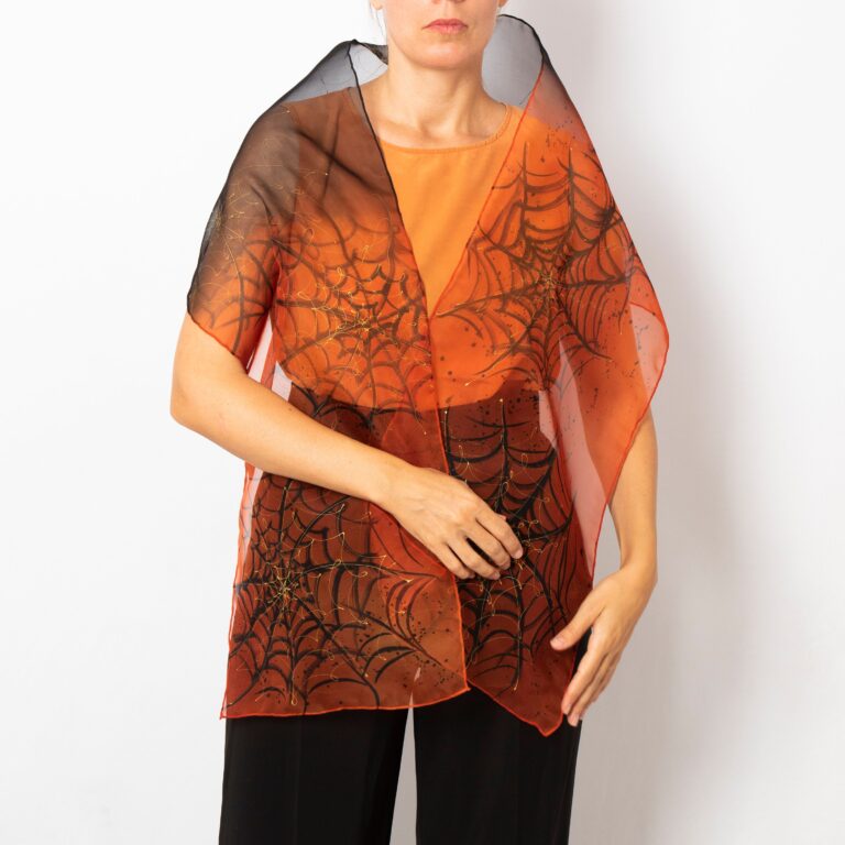 Spider Web Hand Painted Silk Halloween Scarf Black Orange Shawl Halloween Gift 70X13