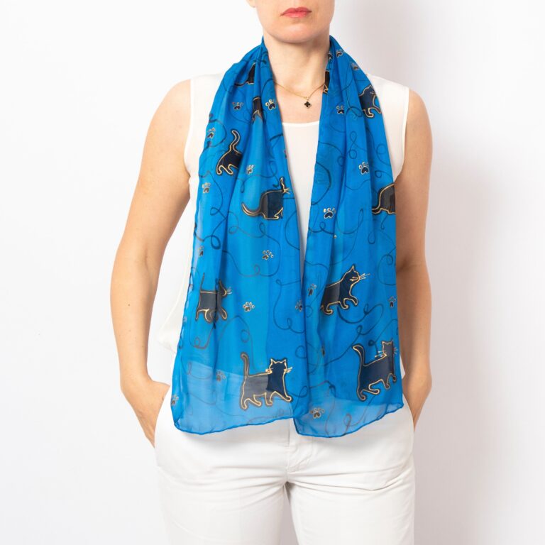 Black Cat Hand Painted Blue Silk Chiffon Scarf Cat Mom Xmas Gift 54X13