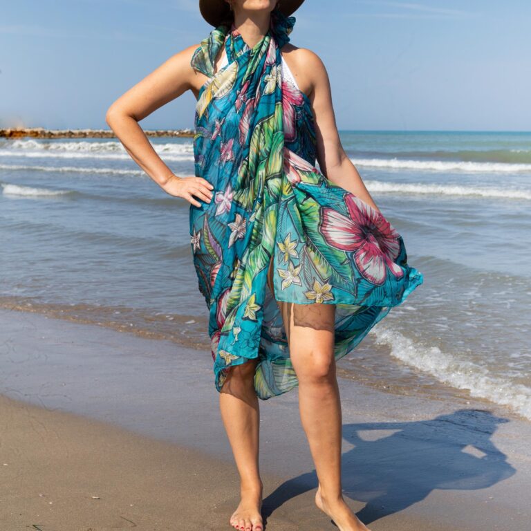 Hibiscus Hand Painted Silk Chiffon Scarf Tropical Leaf Large Sarong Christmas Gift 84X53