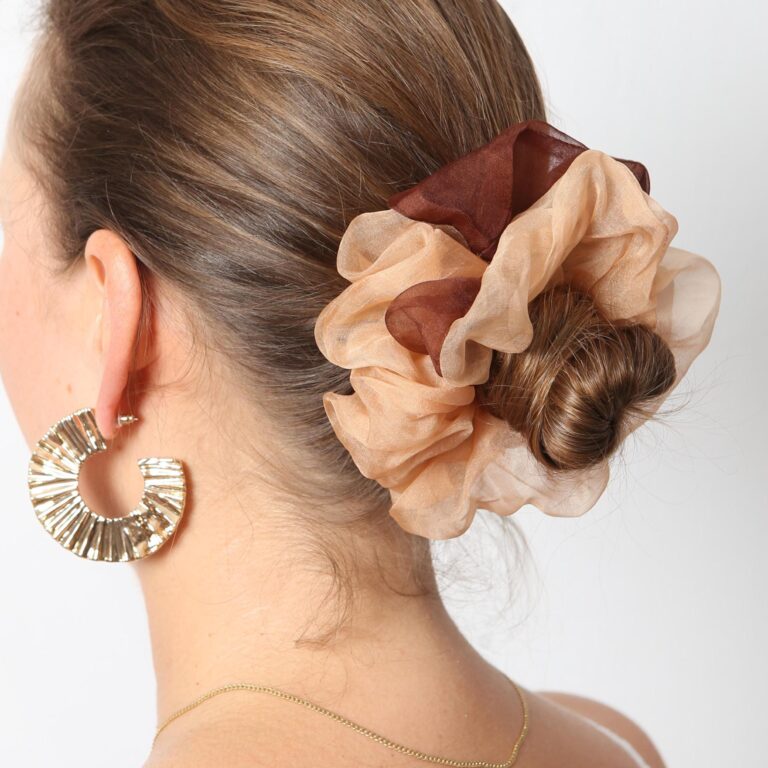 Brown Beige Silk Organza Scrunchie Two Color Hand Dyed Neutral Hair Accessory Gift
