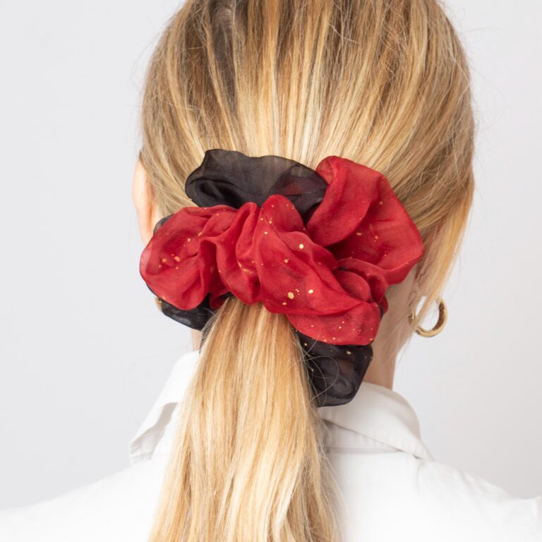 Red Black Silk Organza Scrunchie Hand Dyed Hair Accessories Christmas Gift