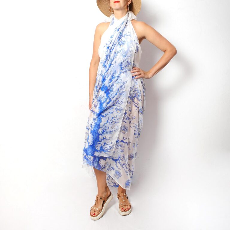 Coral Reef Hand Painted Blue White Silk Chiffon Sarong Beach Wedding Christmas Gift 54X76