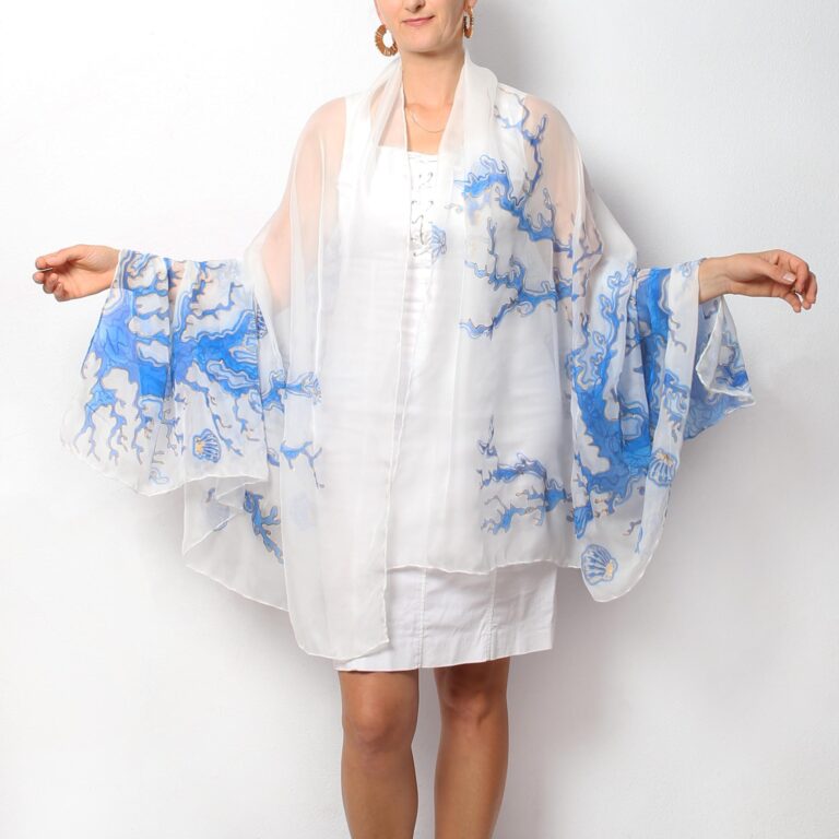 Coral Reef Hand Painted Blue White Silk Chiffon Shawl Sarong Christmas Gift 54X76