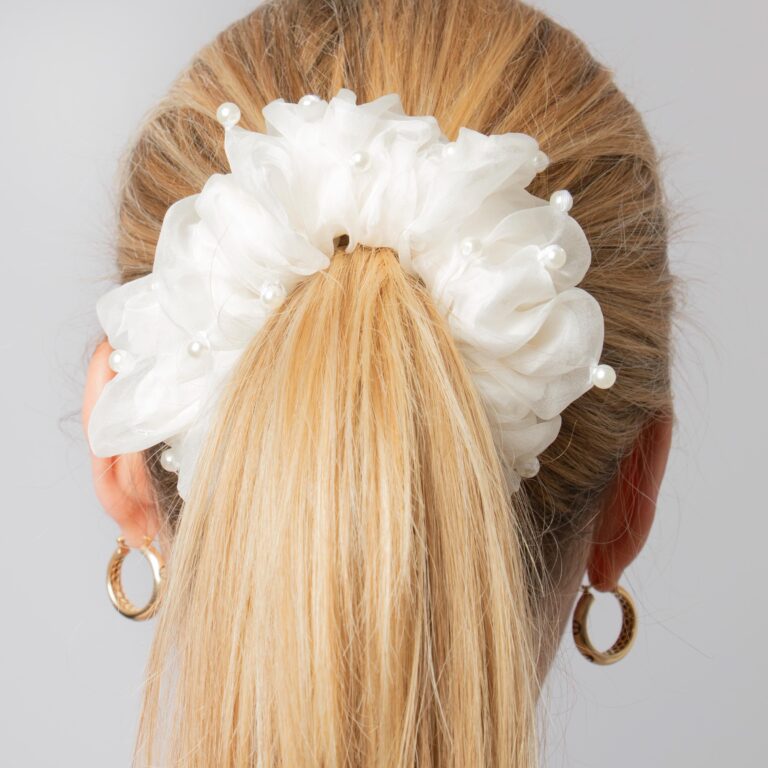 Bridal Beaded White Double Silk Organza Scrunchie Winter Wedding Scrunchie Gift