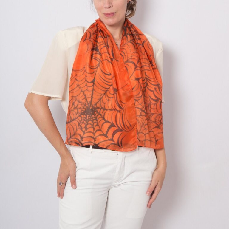 Halloween Hand Painted Orange Silk Scarf Spider Web Fall Halloween Gift 13X50