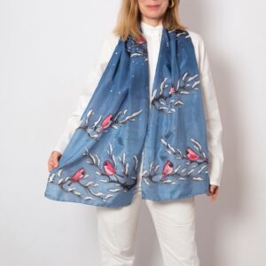 Red Cardinal Bird Hand Painted Blue Silk Scarf Long Shawl Christmas Gift 67X14