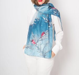 Hand Painted Blue Silk Scarf Red Cardinal Bird Shawl Christmas Gift 69X21