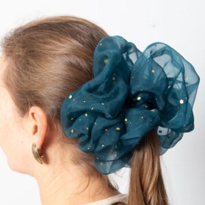 Teal Gold Silk Organza Large Scrunchie Party Wedding Prom Scrunchie Gift