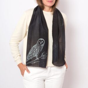 Barn Owl Hand Painted Black Silk Scarf Bird Lover Gift Owl Christmas Gift 52X13
